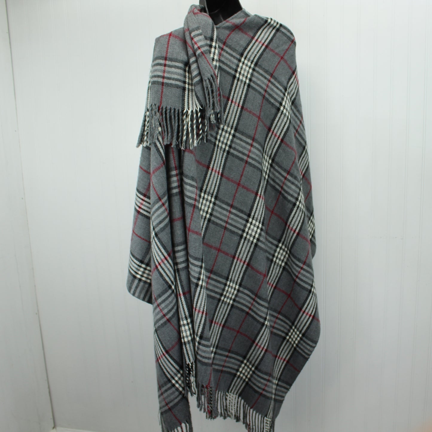 V Fraas Acrylic Ruana Shawl Classic Grey Black Cranberry Plaid long length for easy wear