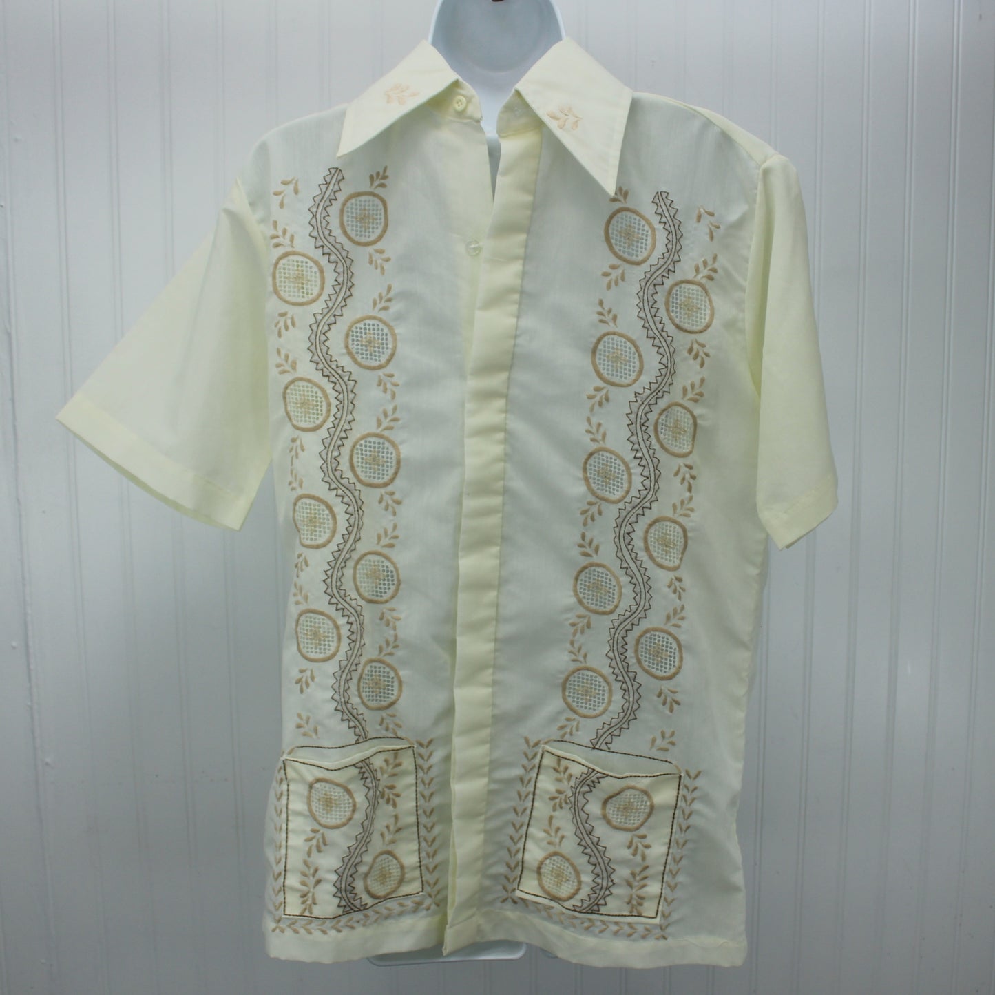 Older Filipino Baron Shirt Heavily Embroidered Pocket Front Placket Back All Gender