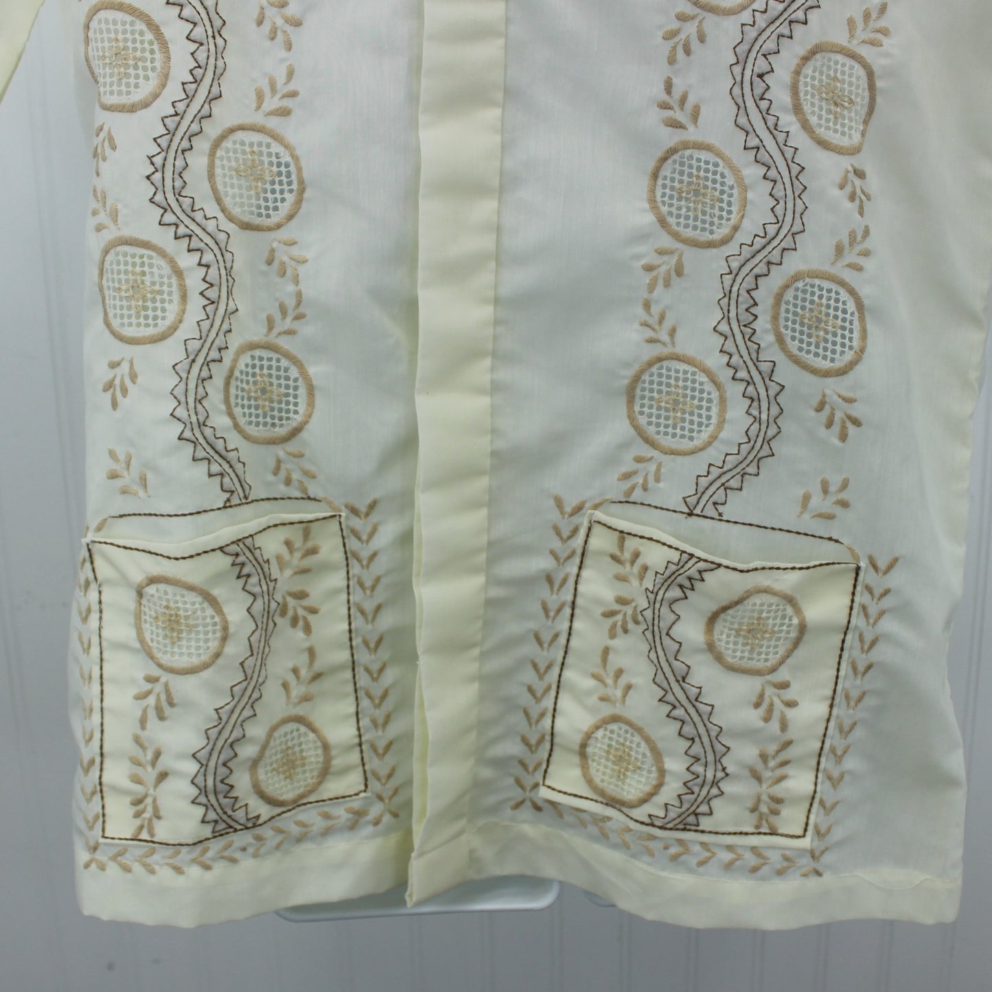 Older Filipino Baron Shirt Heavily Embroidered Pocket Front Placket Back All Gender shades of brown embroidery pockets collar front