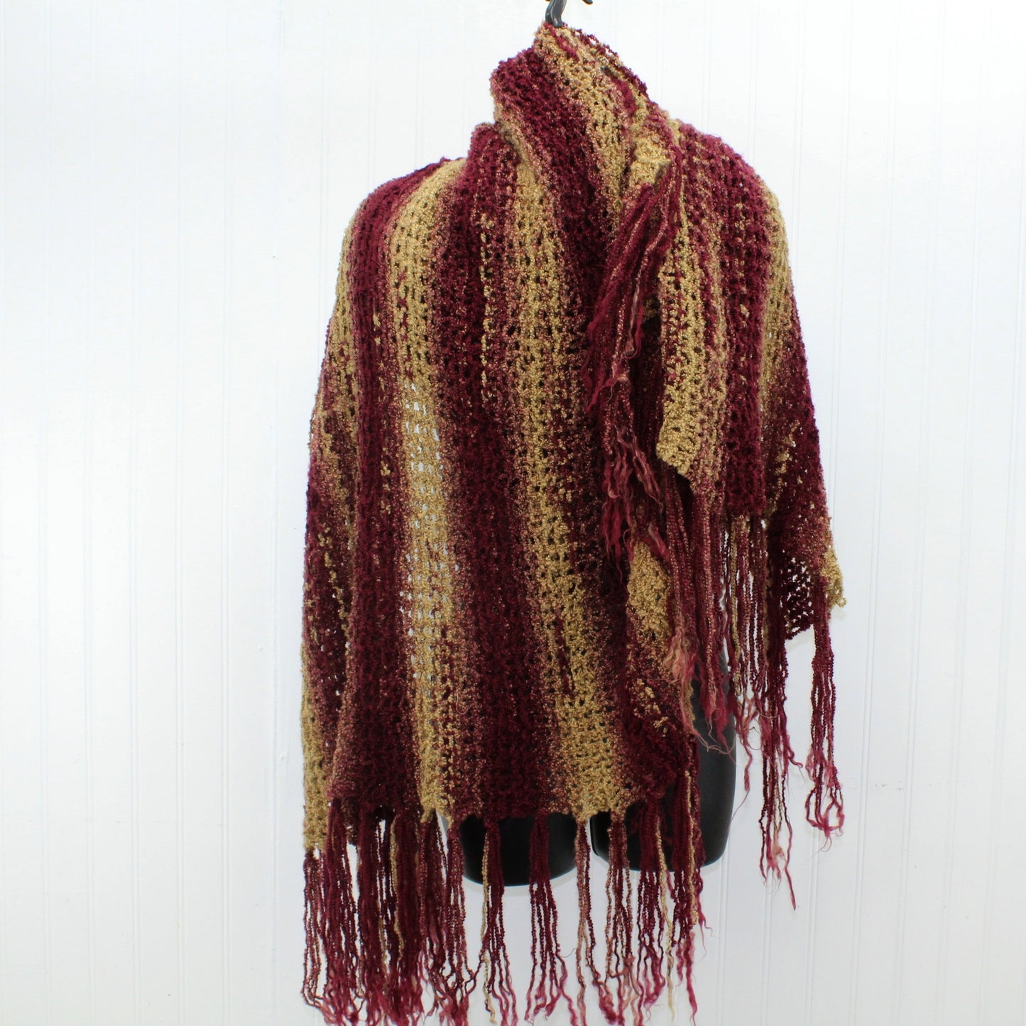 Hand Made Chenille Shawl Scarf Long Lacy Suit Coat Wrap Burgundy Camel Fringe