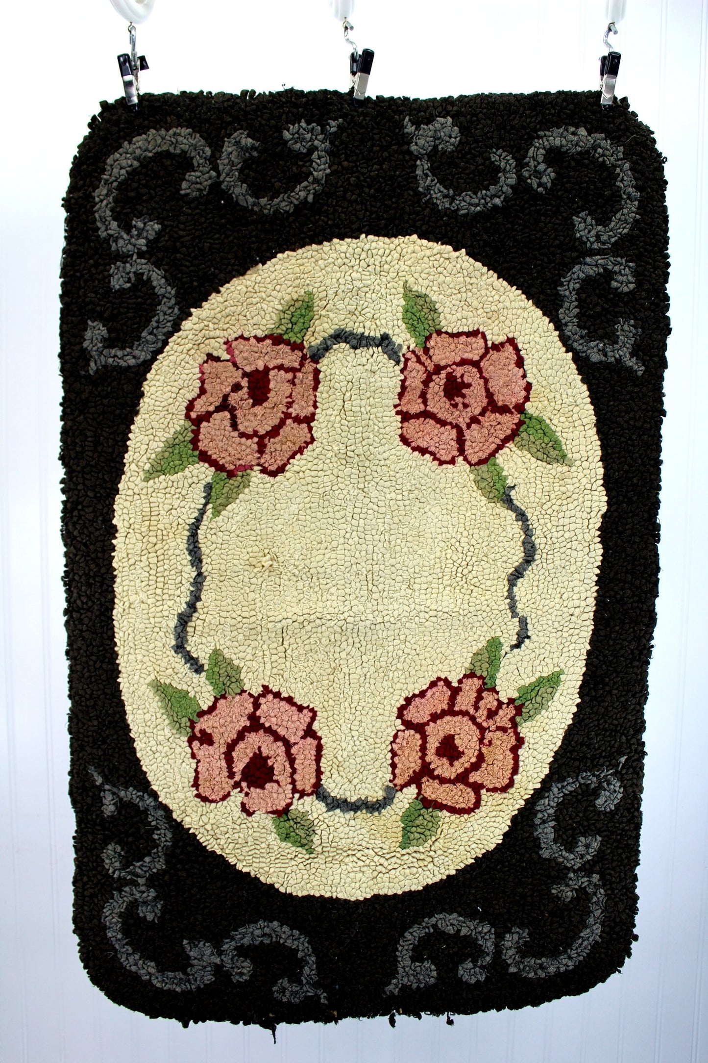 Antique Hooked Rug - Floral Primitive Burlap Back 23" X 36"