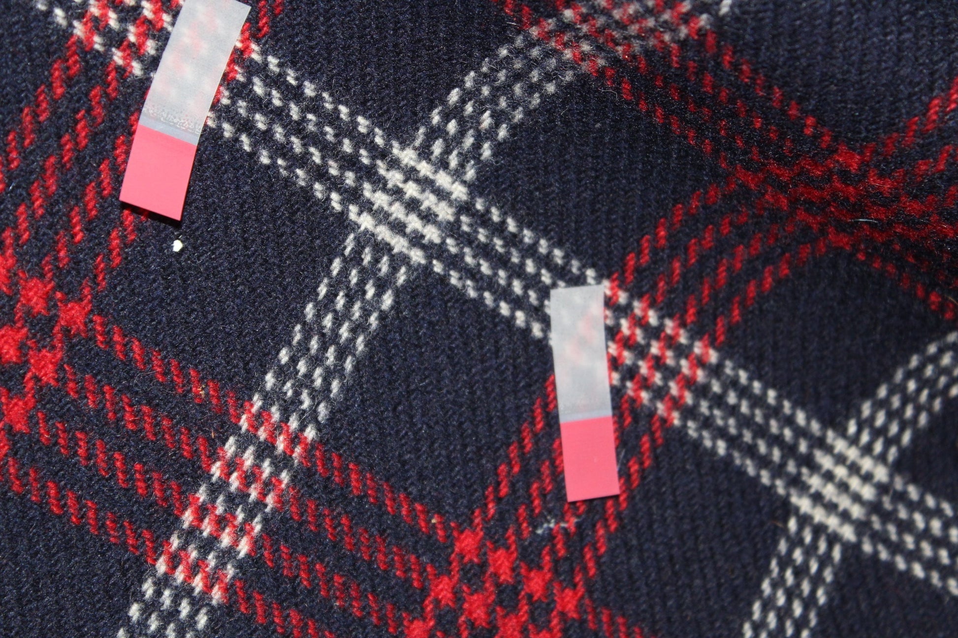 Hand Made Throw Blanket Red White Navy Light Dense Fabric Wool Yarn Fringe 57" X 52" unusual