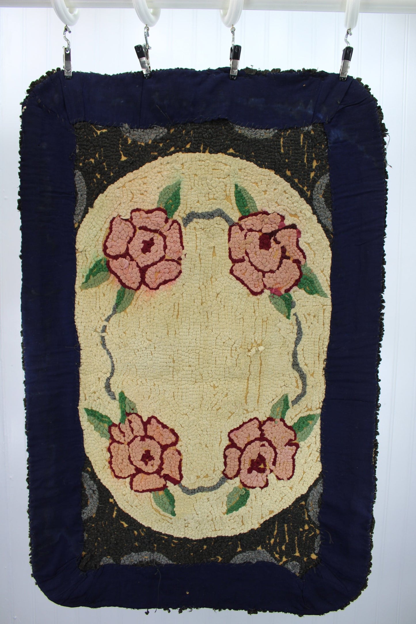 Antique Hooked Rug Floral Burlap Back 23" X 36" back view