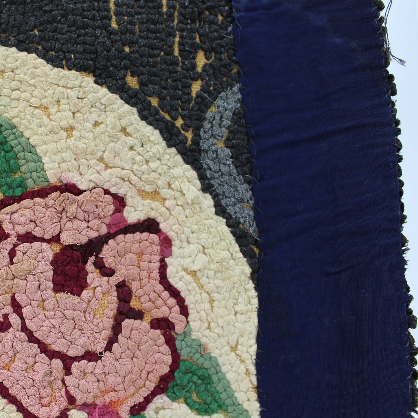 Antique Hooked Rug Floral Burlap Back 23" X 36" closeup back