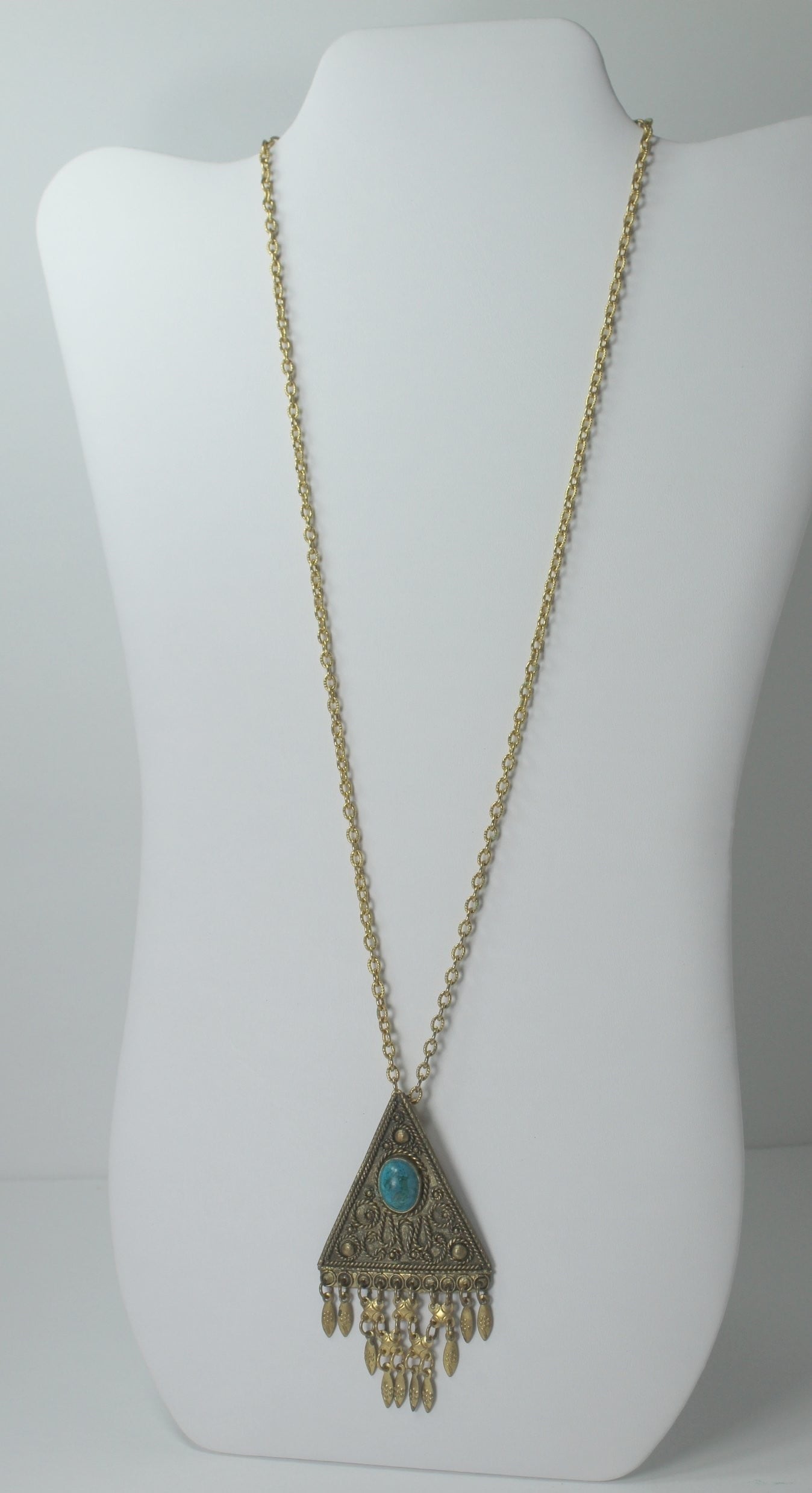 Necklace Israel Turquoise Color Stone 24" Long Necklace Triangular Pendant Filigree unusual