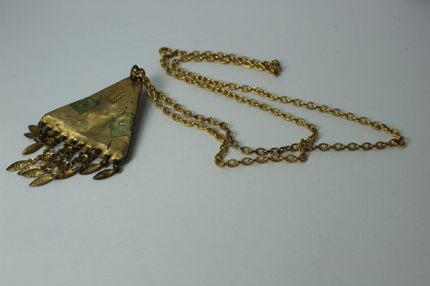 Necklace Israel Turquoise Color Stone 24" Long Necklace Triangular Pendant Filigree marked