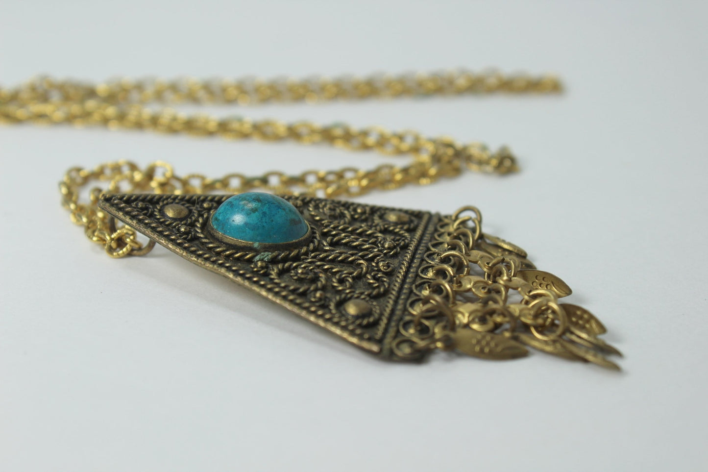 Necklace Israel Turquoise Color Stone 24" Long Necklace Triangular Pendant Filigree brass