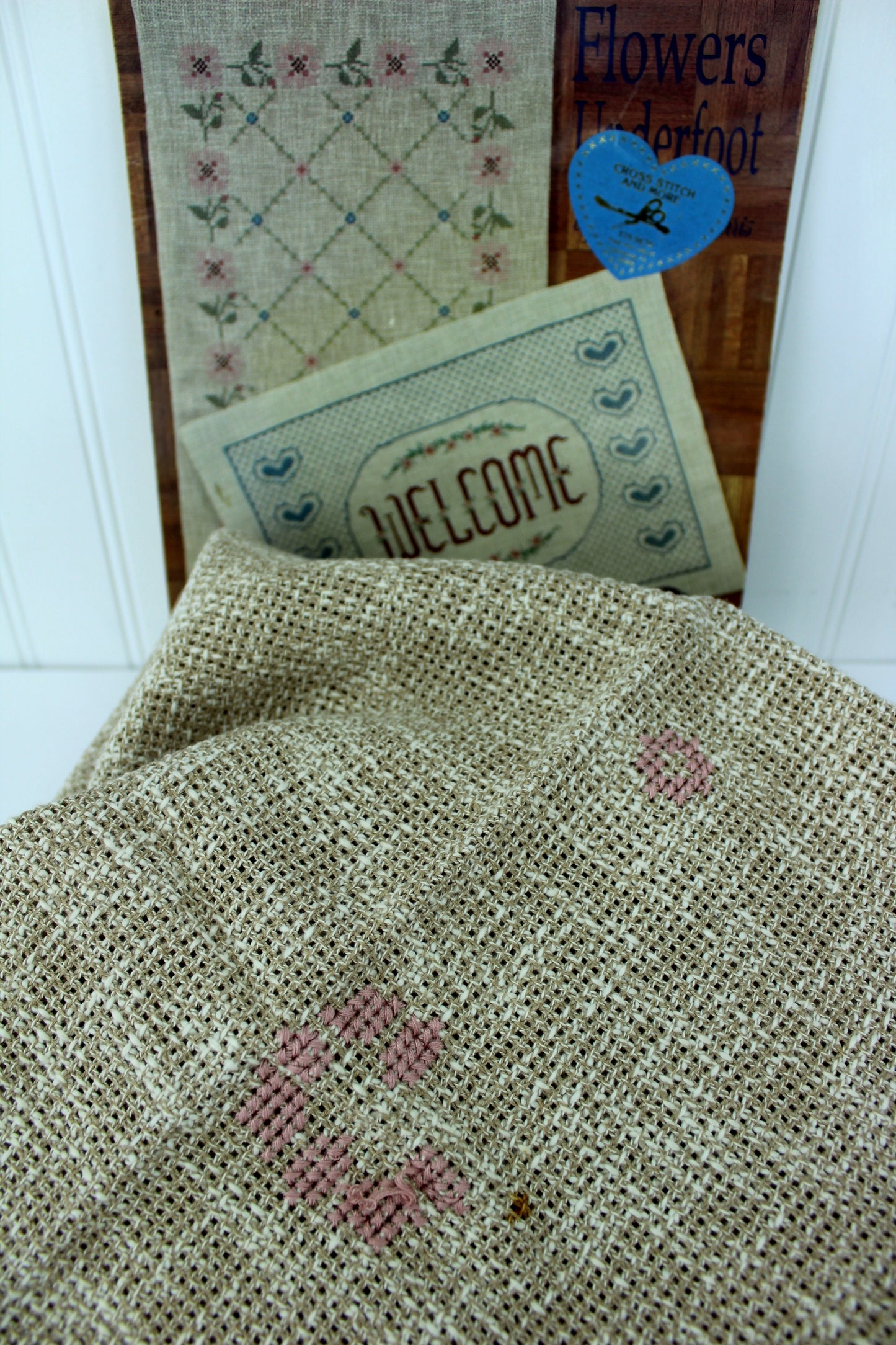 Studio Seven Rug Chart Cross Stitch"Flowers Underfoot" 1987 & Klostern Fabric 41" X 26" floral heart rugs