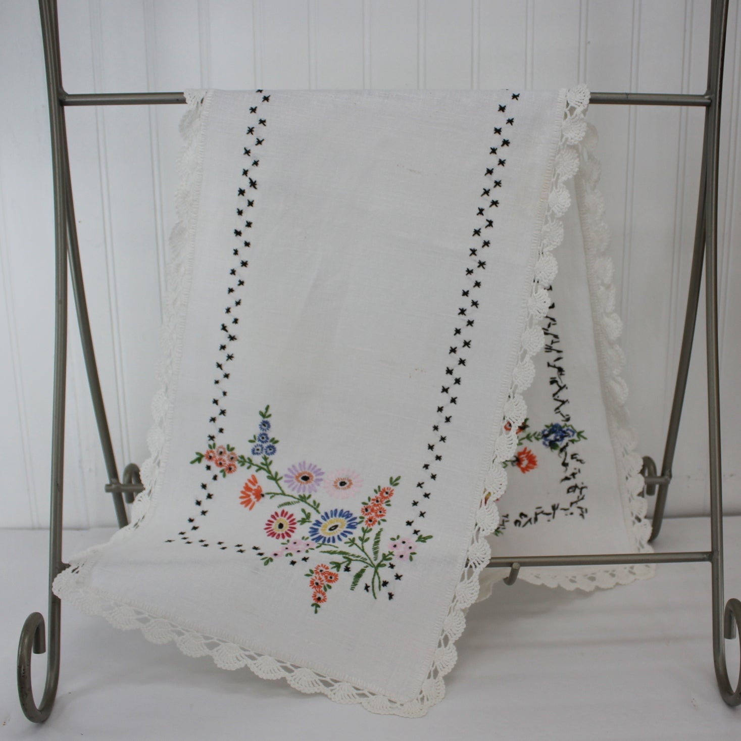 Heavy Linen Table Runner Intricately Embroidered Mid Century 39" X 12"