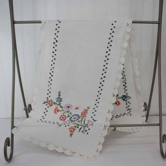Heavy Linen Table Runner Intricately Embroidered Mid Century 39" X 12"