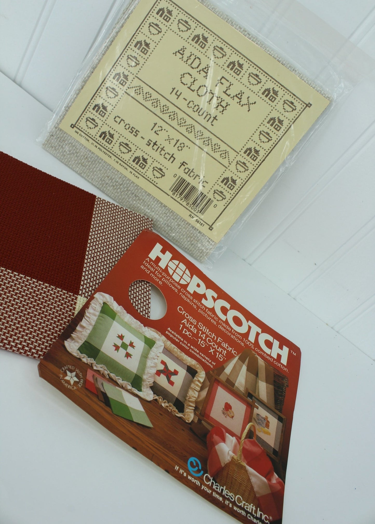 Cross Stitch Fabric Aida Flax Natural & Hopscotch Deep Red Ivory charles craft inc