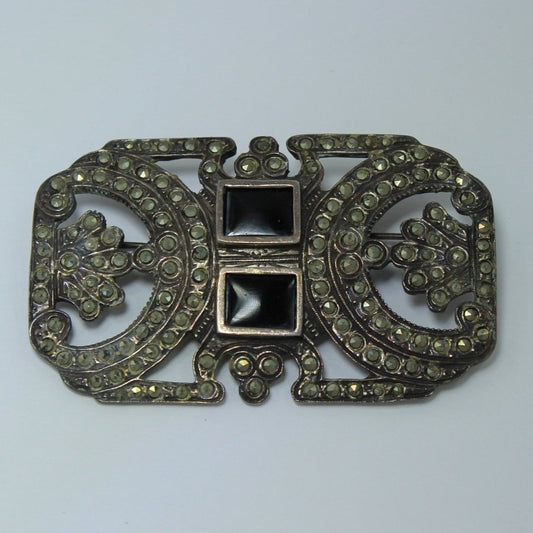 Vintage Antique Pin Art Deco 925 Marcasite Black Stones