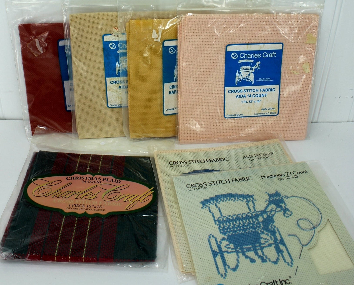 Cross Stitch Fabric 7 Pieces Vintage New Charles Craft Hardanger Aida Colors & Christmas Red Plaid gold peach