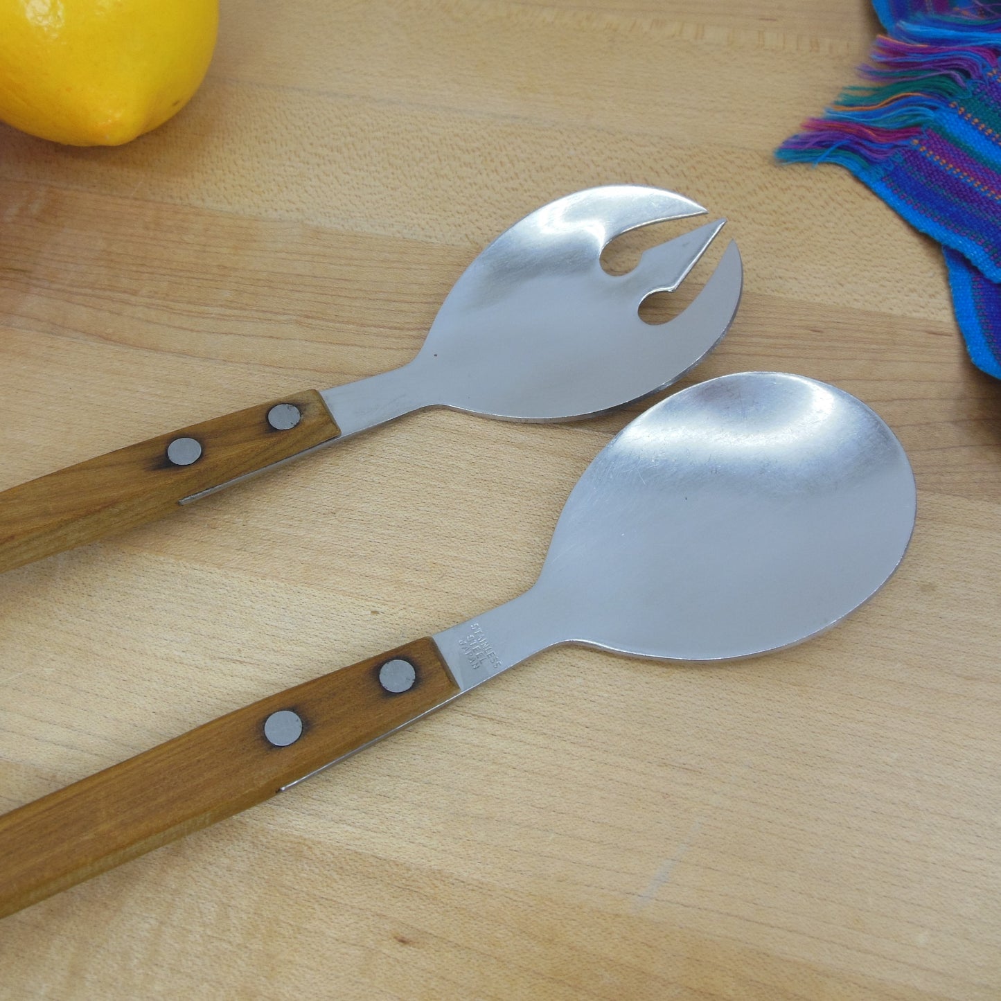 Unbranded Japan Teak Stainless Salad Server Set MCM used