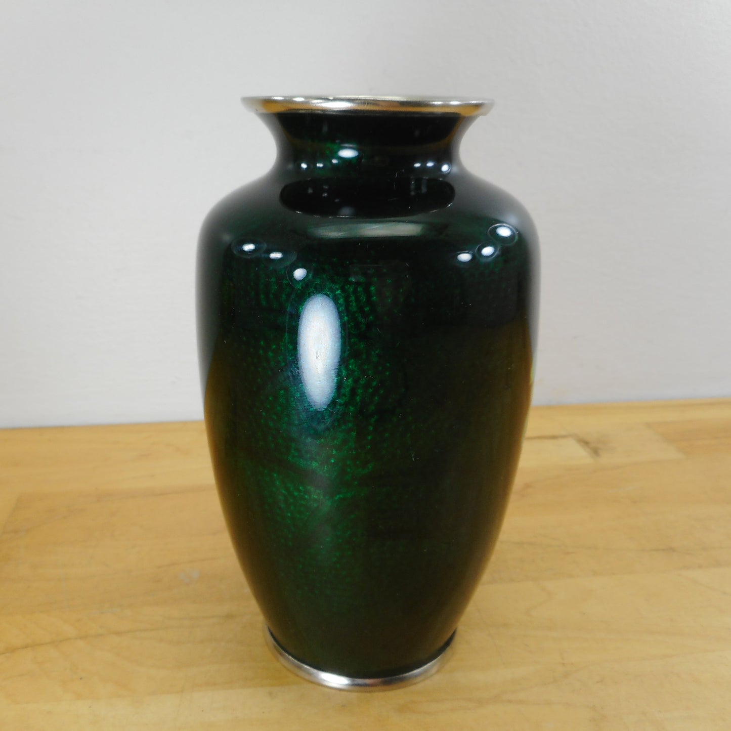 Japanese 6" Vase Green Ginbari Cloisonne Pink Roses - Marked Made In Japan Not Signed