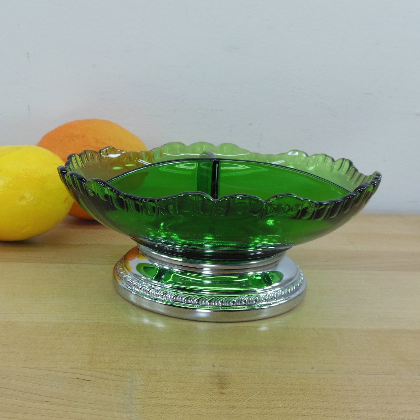 Farber Bros. Krome Kraft #5782 3 Part Divided Relish Dish Emerald Green