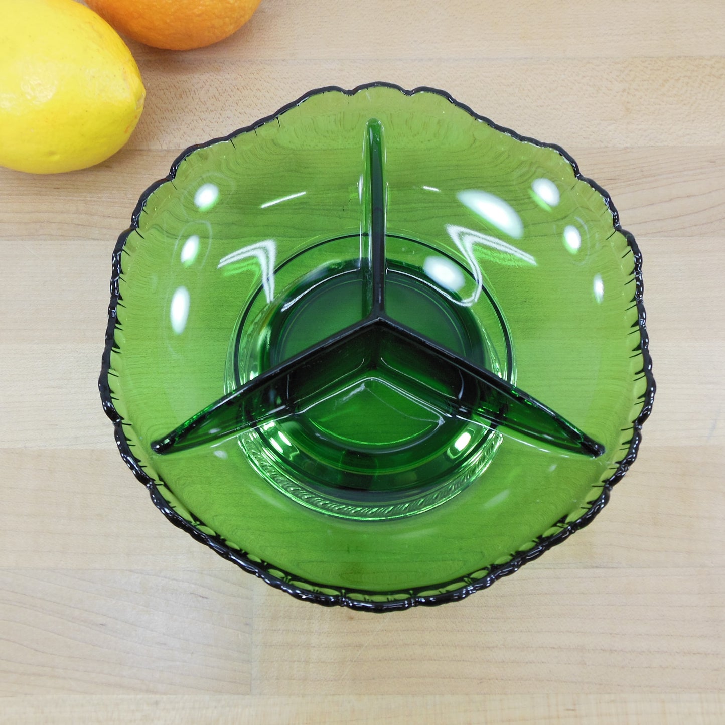 Farber Bros. Krome Kraft #5782 3 Part Divided Relish Dish Emerald Green Vintage 1950's