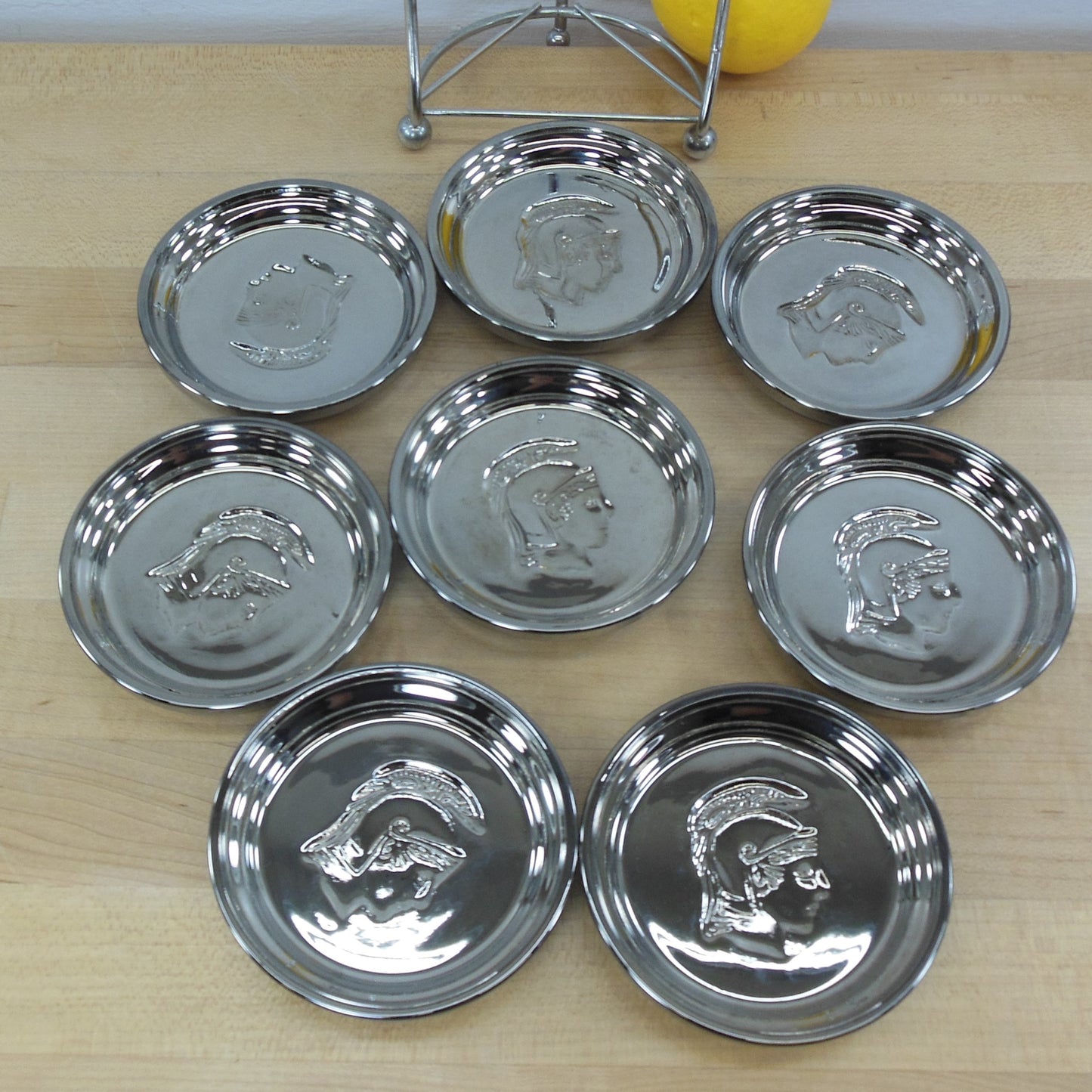 Kimiko Glass Silver Drink Coasters 8 Set Caddy Roman Trojan Soldier Head Used