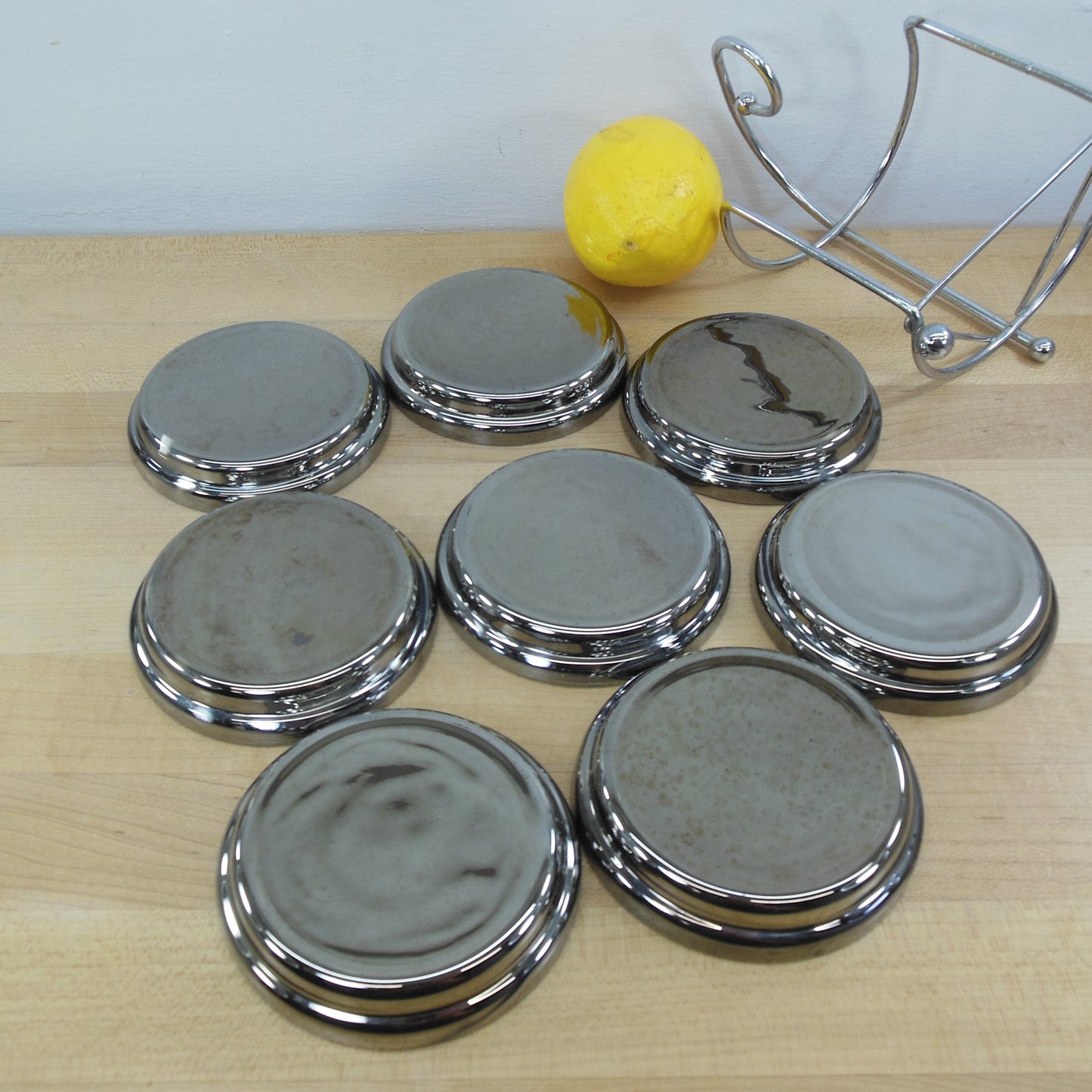 Kimiko Glass Silver Drink Coasters 8 Set Caddy Roman Trojan Soldier Head Vintage