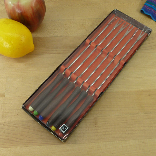 Knobler Japan Stainless Teak Rosewood Fondue Fork Boxed 6 Set Vintage