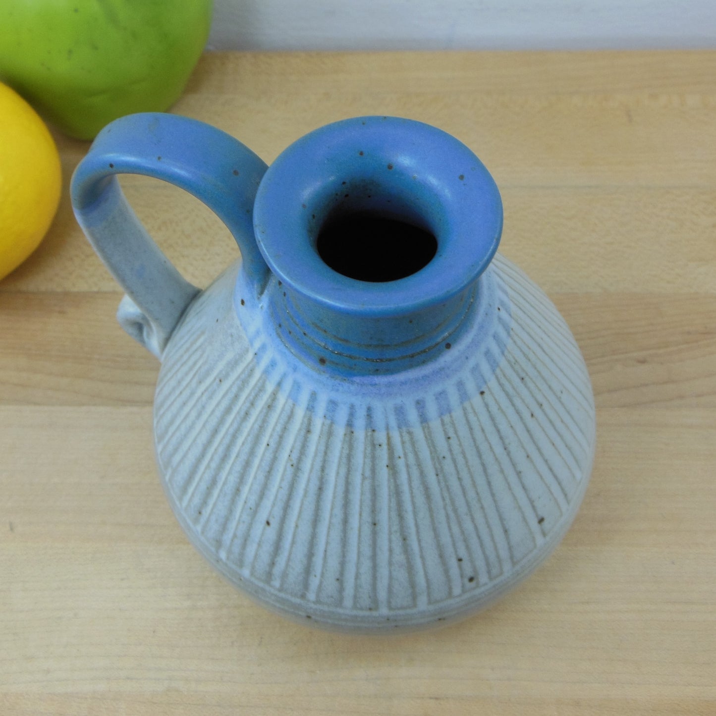 Lori Cole Signed Pottery Pitcher Incised Blue White Gray Wheel Thrown