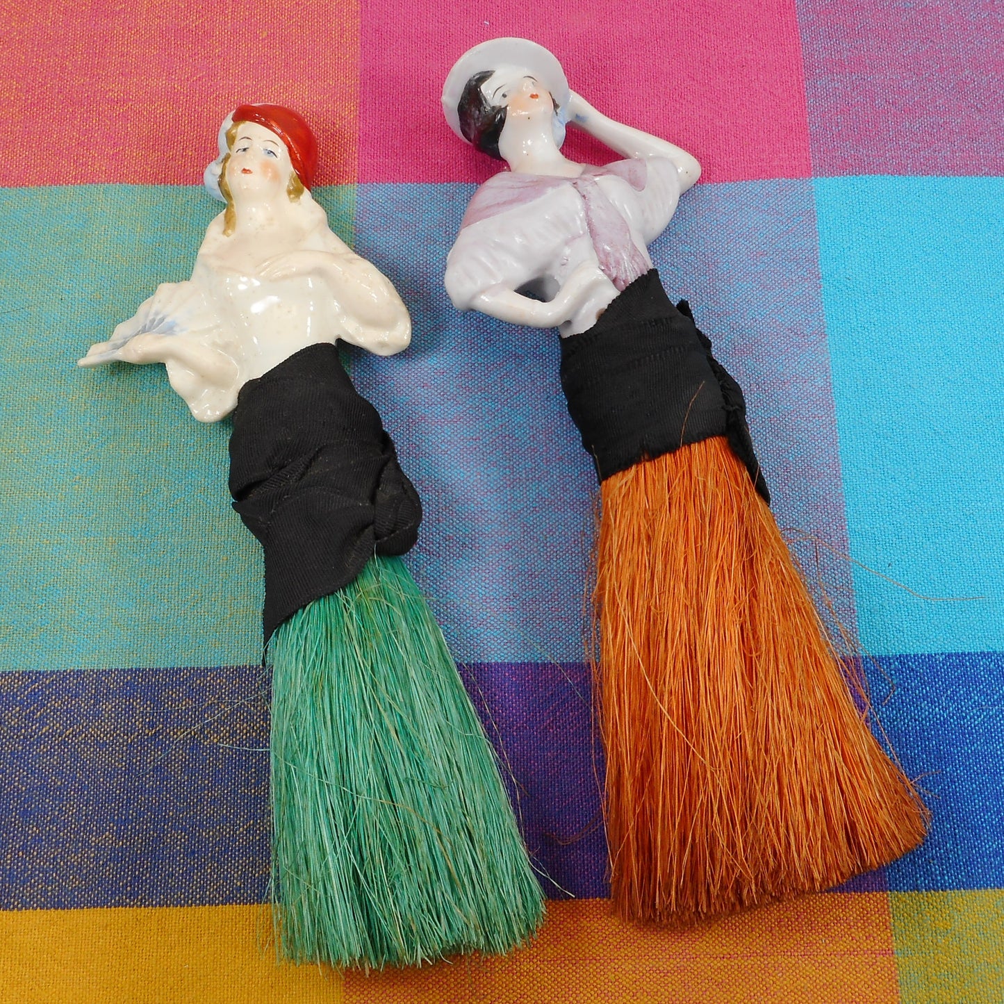 Antique Pair Half Doll Porcelain Lady Vanity/Clothes Brushes