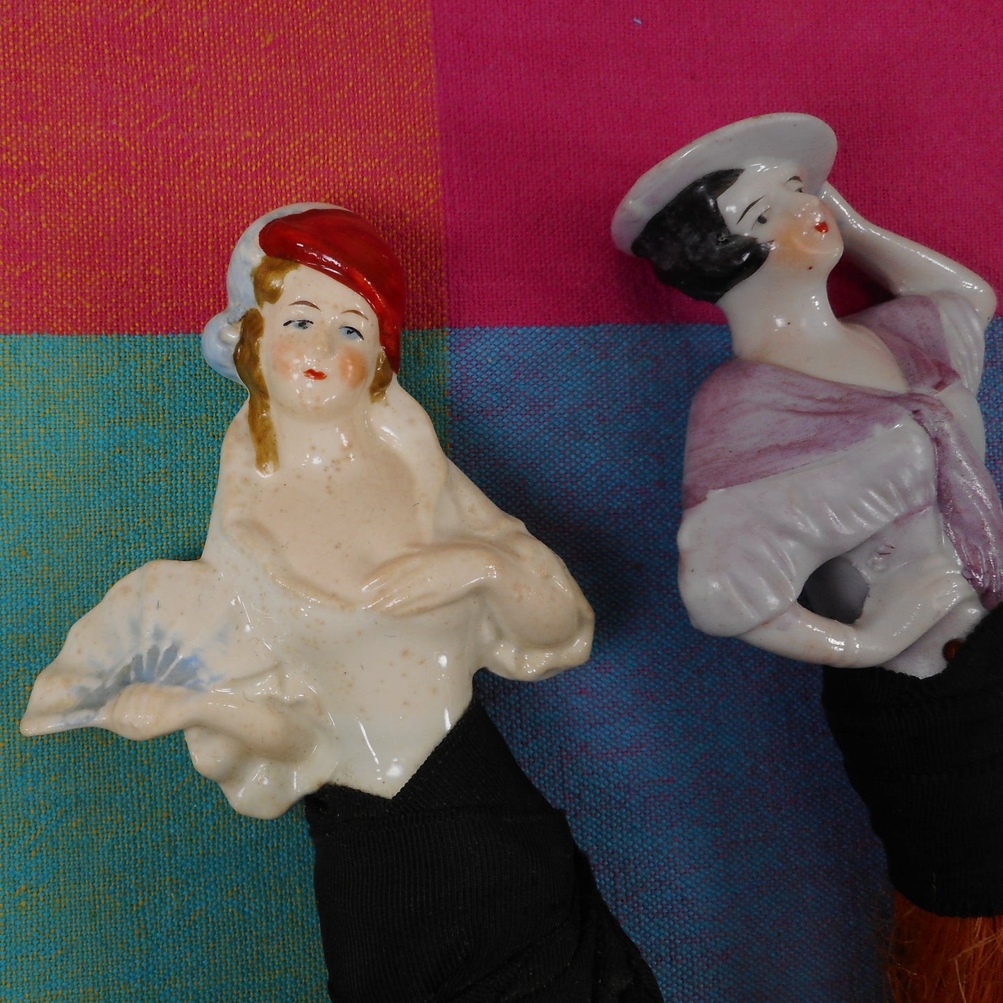 Antique Pair Half Doll Porcelain Lady Vanity/Clothes Brushes 1920s