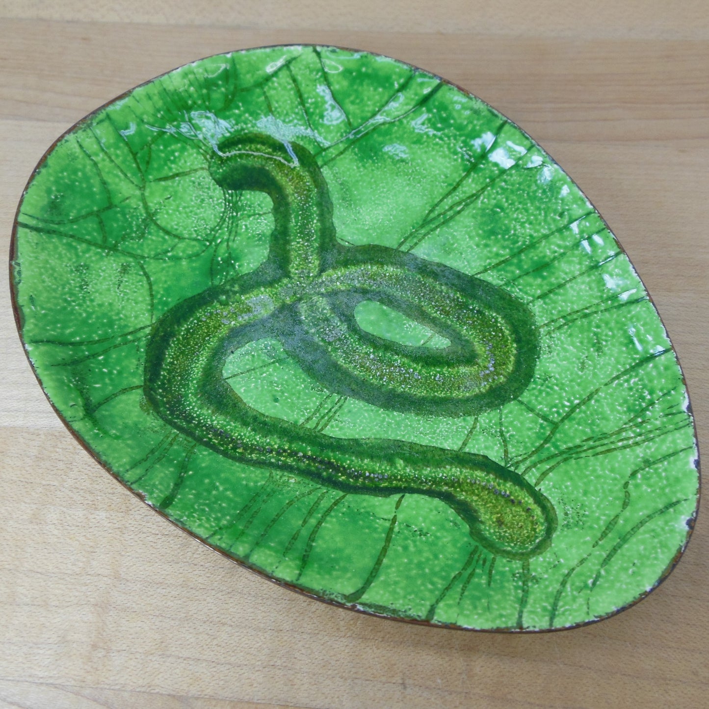 Lynne Craig Signed Enamel Copper Dish Green Abstract MCM Vintage