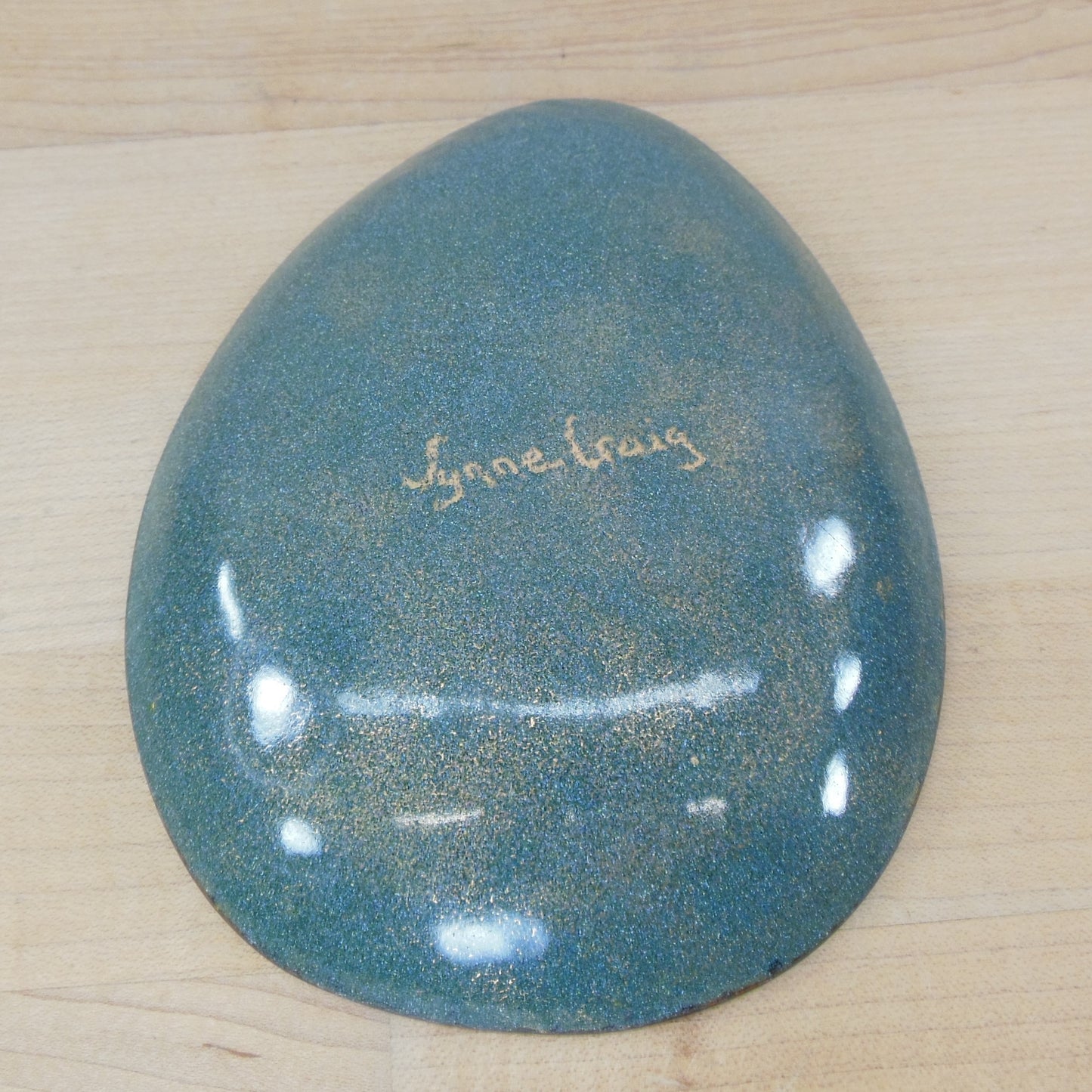 Lynne Craig Signed Enamel Copper Dish Green Abstract MCM Used