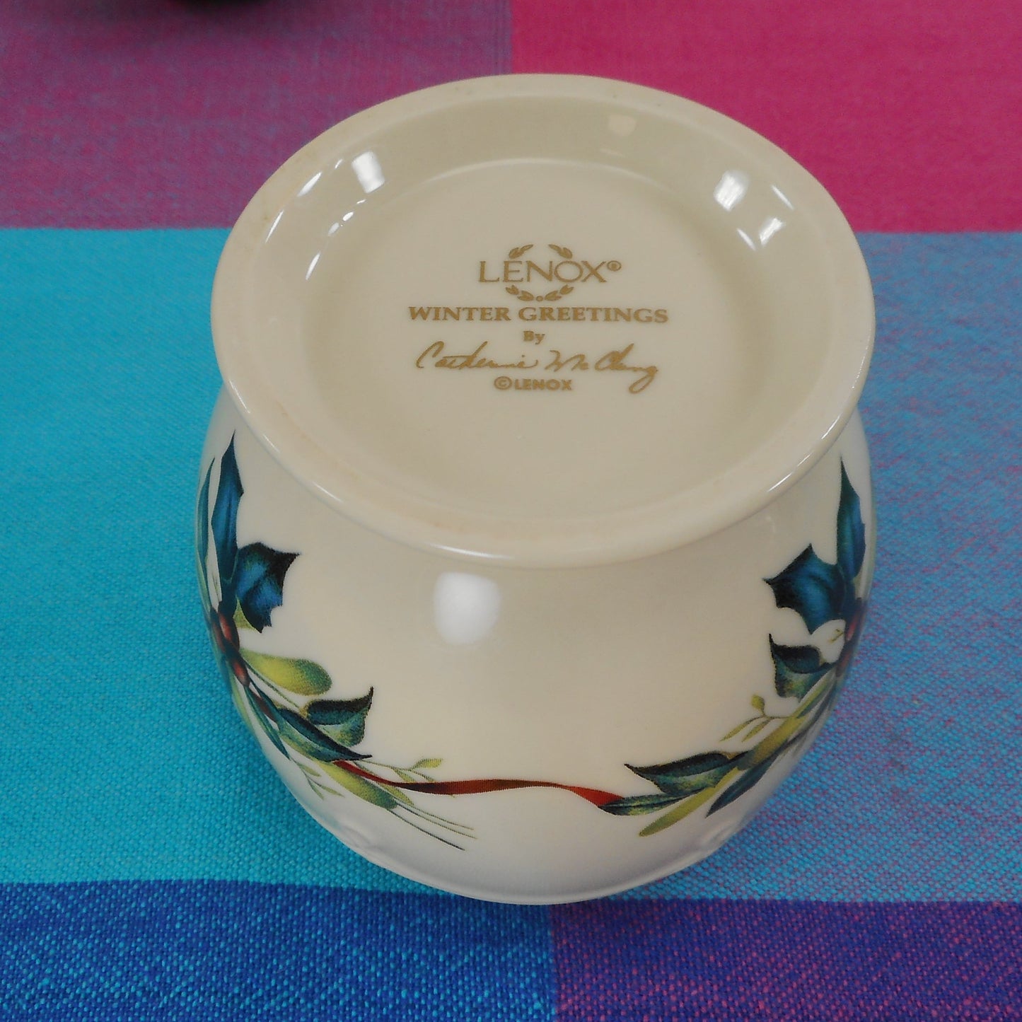 Lenox Porcelain Votive Candle Holder - Winter Greetings Holly - Catherine McClung signed