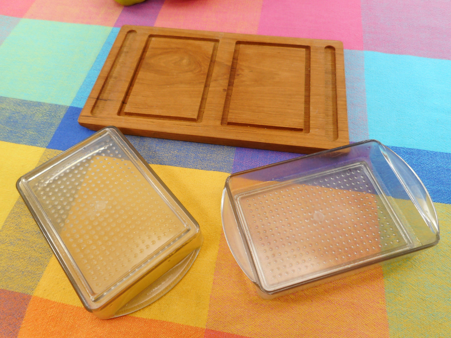 Liithje Denmark Teak Wood Serving Relish Tray - Two Plastic Dishes Vintage