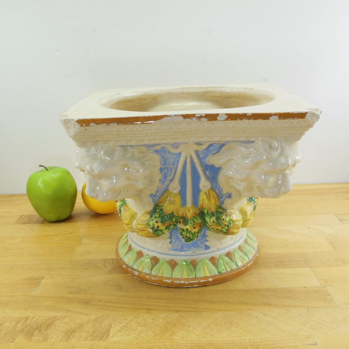 Old Italian Pottery 4 Corner Square Lion Head Garden Planter Jardiniere Vintage
