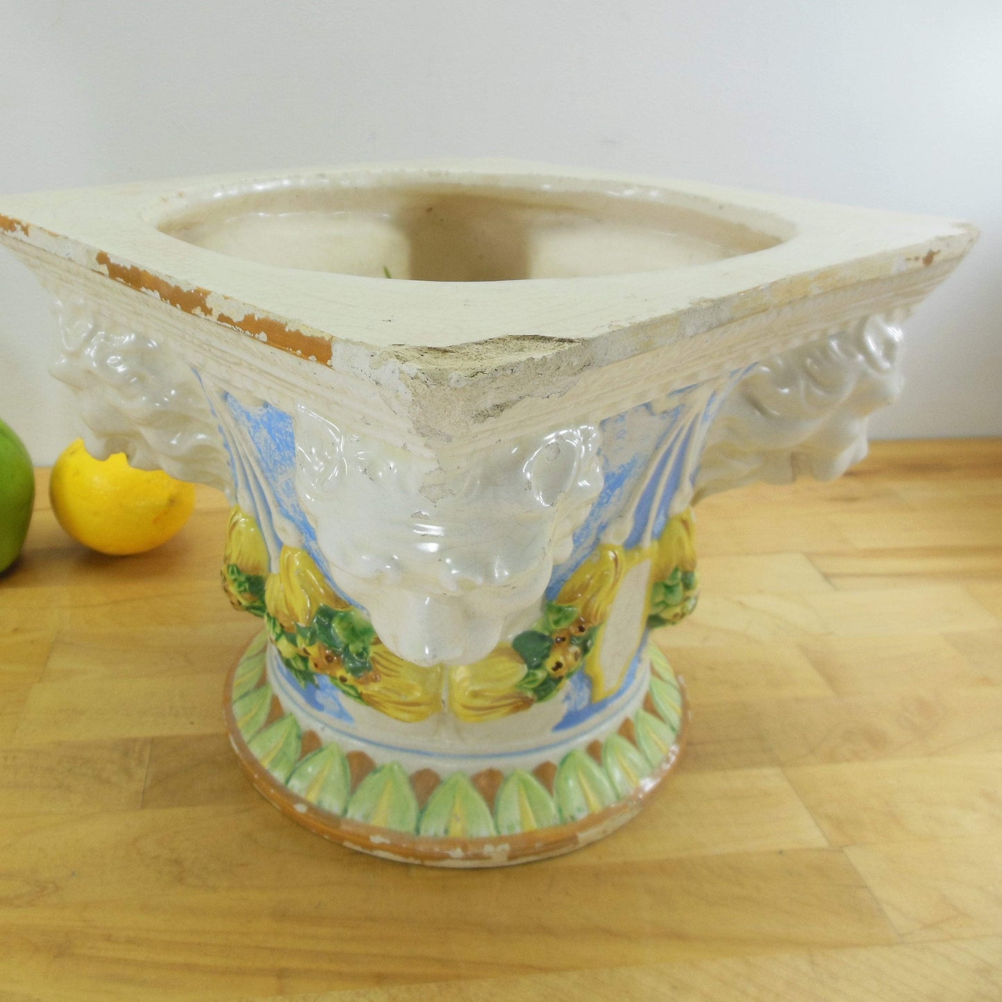 Old Italian Pottery 4 Corner Square Lion Head Garden Planter Jardiniere Rustic Garden
