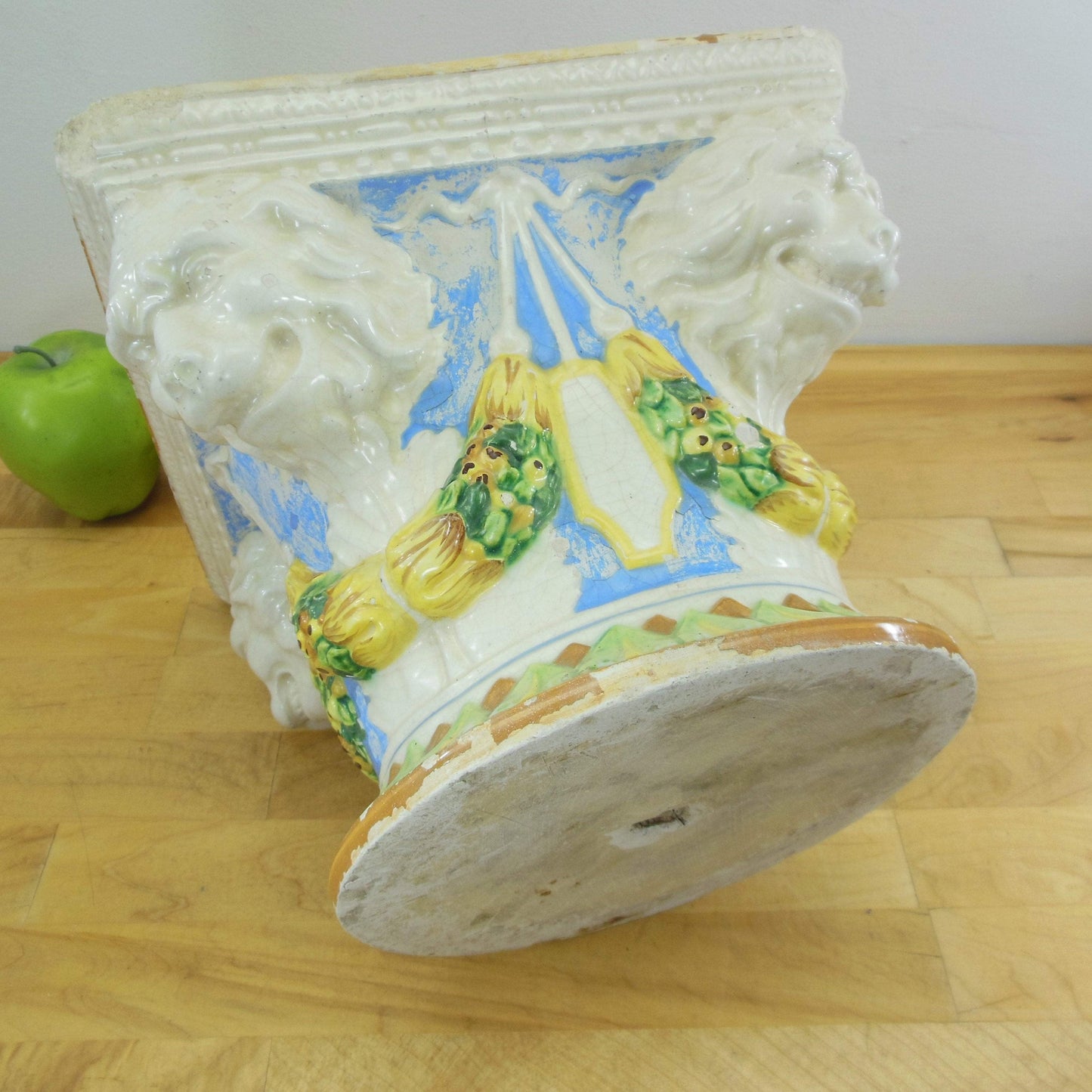 Old Italian Pottery 4 Corner Square Lion Head Garden Planter Jardiniere Antique