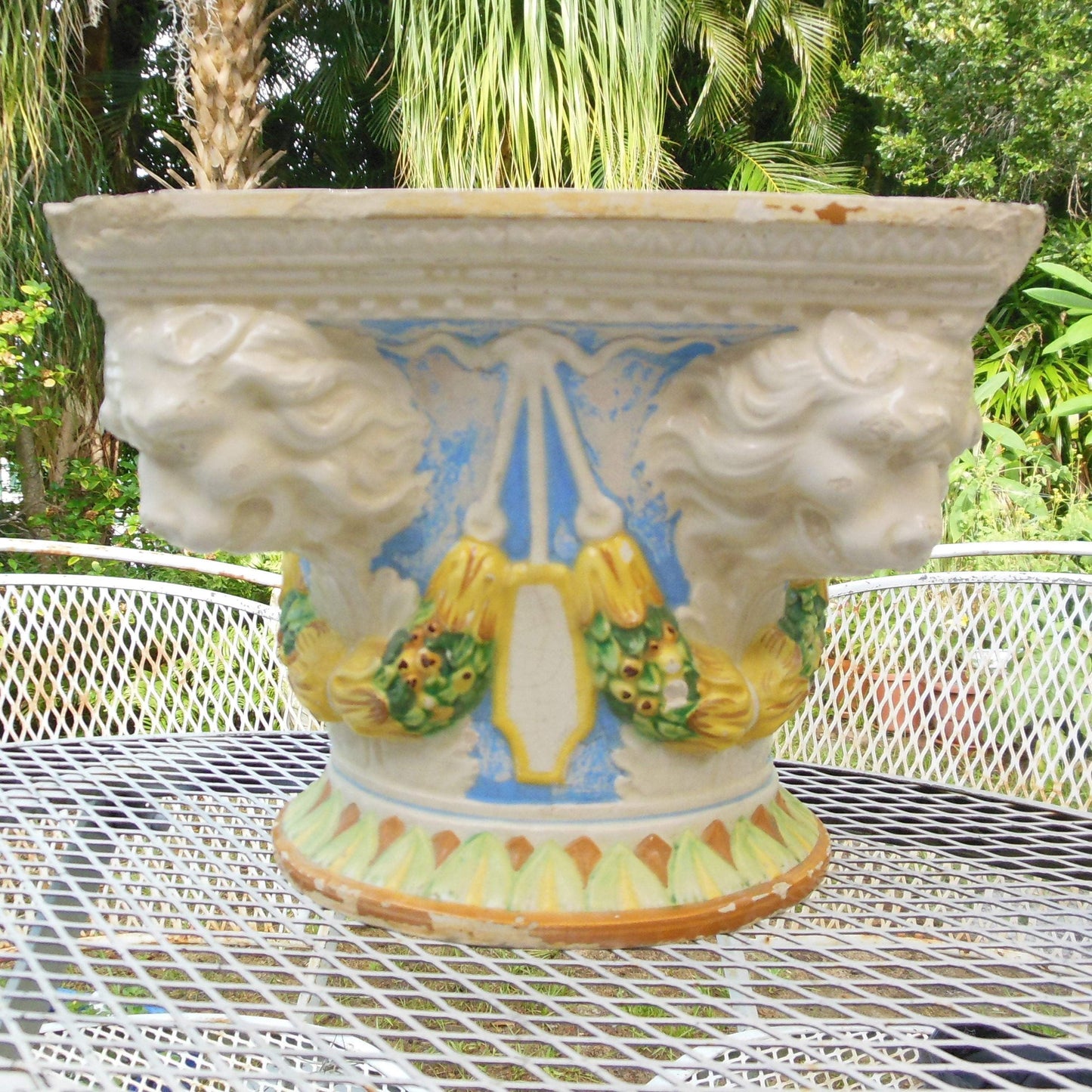 Old Italian Pottery 4 Corner Square Lion Head Garden Planter Jardiniere