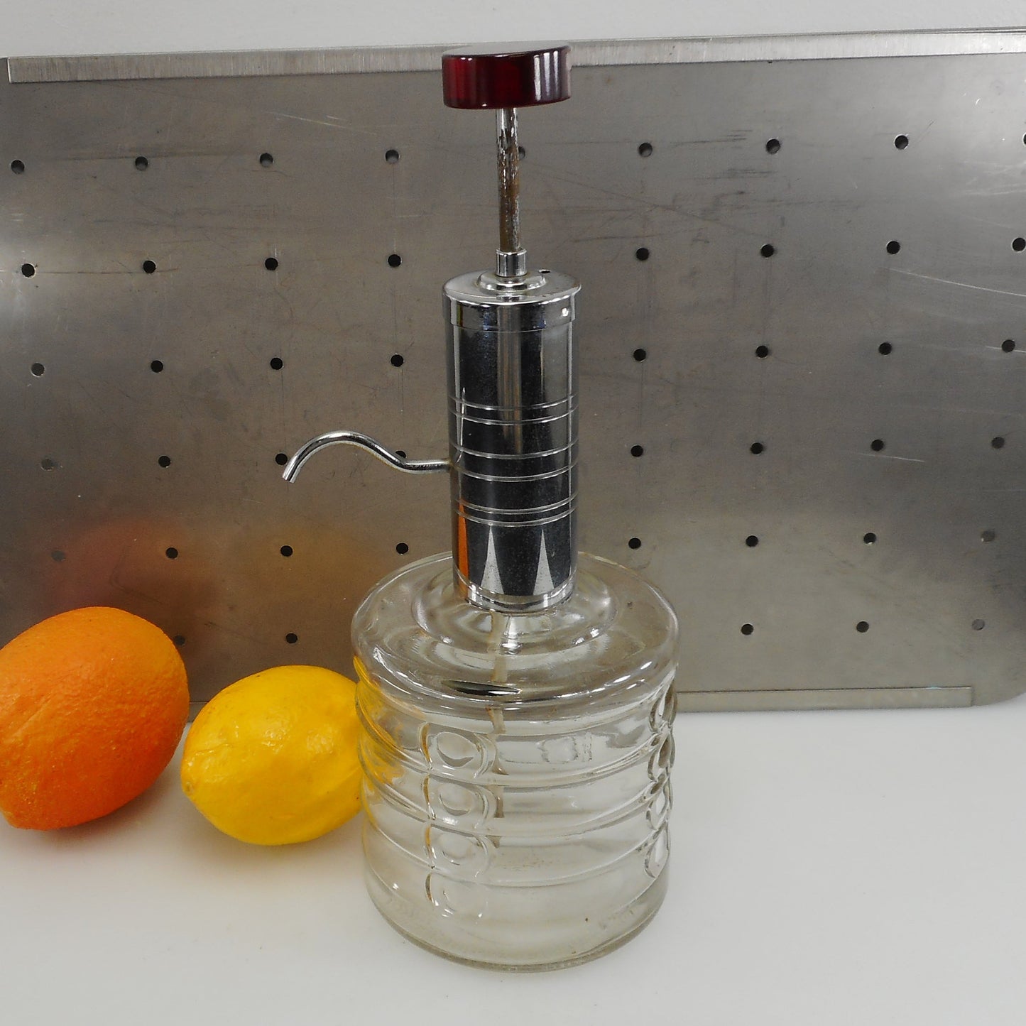 Art Deco Red Bakelite Chrome Glass Bar Liquor Pump Decanter Dispenser