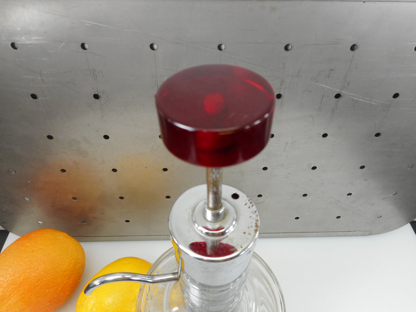 Art Deco Red Bakelite Chrome Glass Bar Liquor Pump Decanter Dispenser Clear Knob