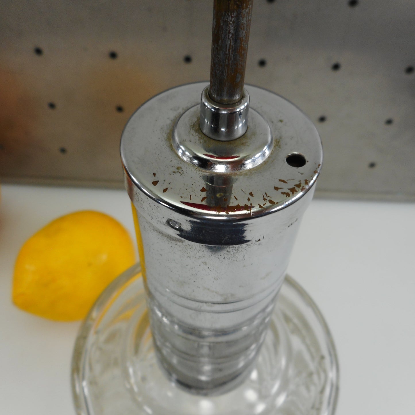 Art Deco Red Bakelite Chrome Glass Bar Liquor Pump Decanter Dispenser Vintage