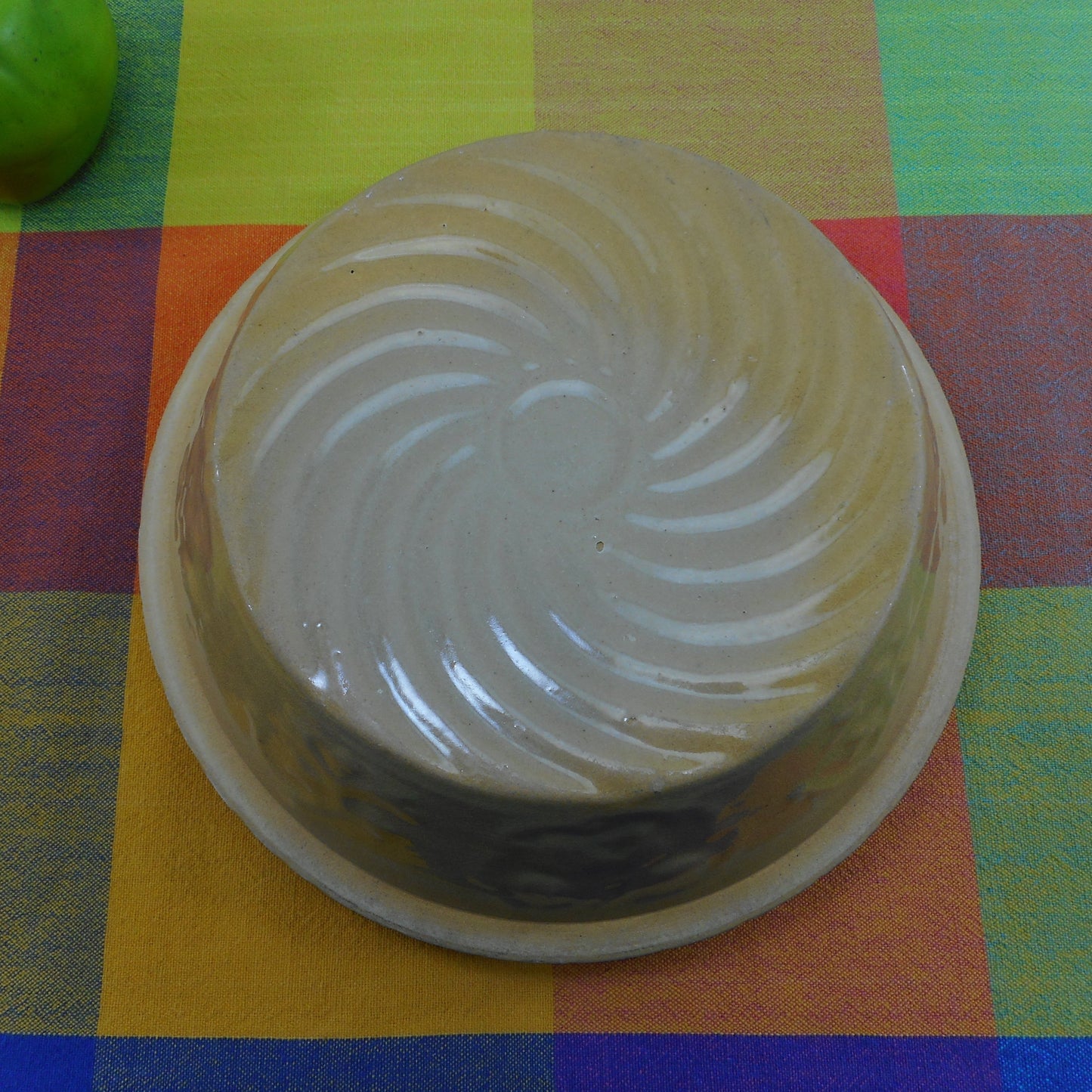 McCoy Rare Yellow Ware Bowl Blue White Bands Embossed Berries Spiral Bottom
