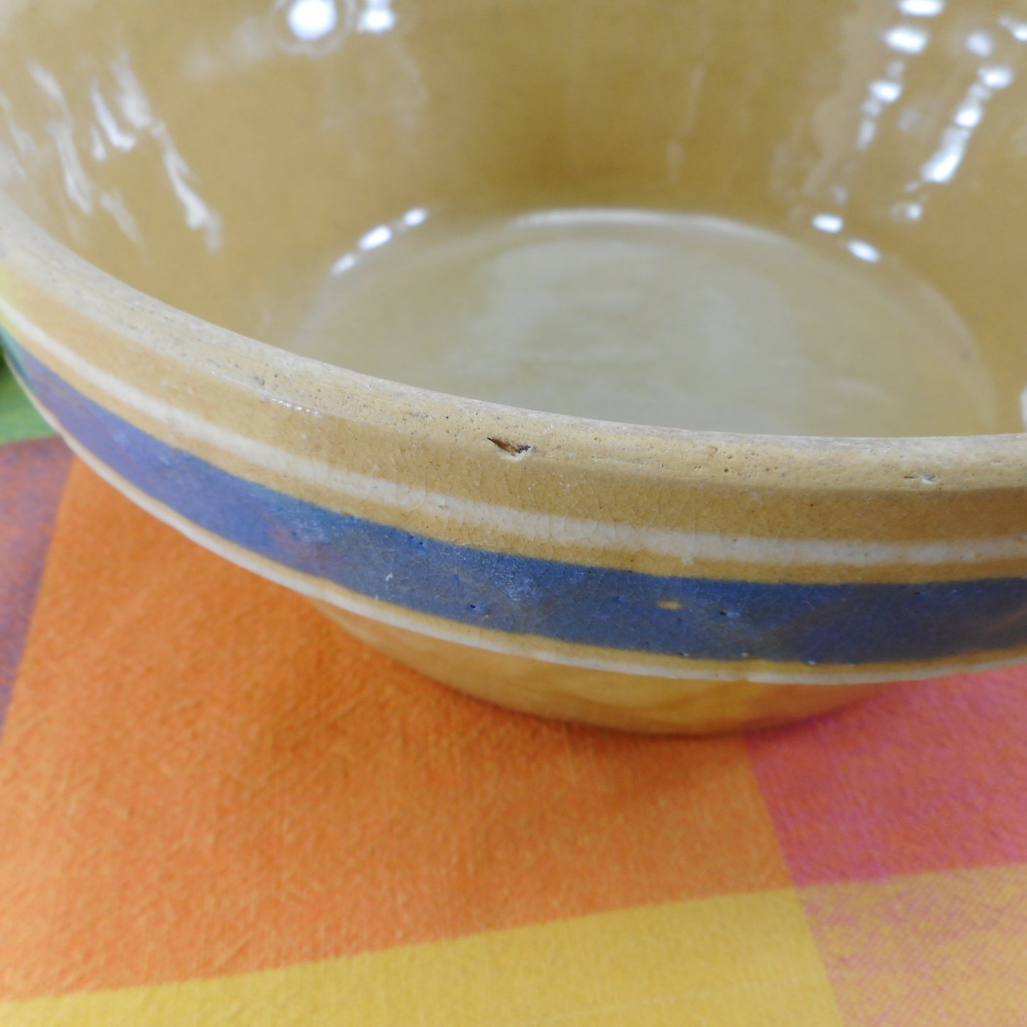 McCoy Rare Yellow Ware Bowl Blue White Bands Embossed Berries pop