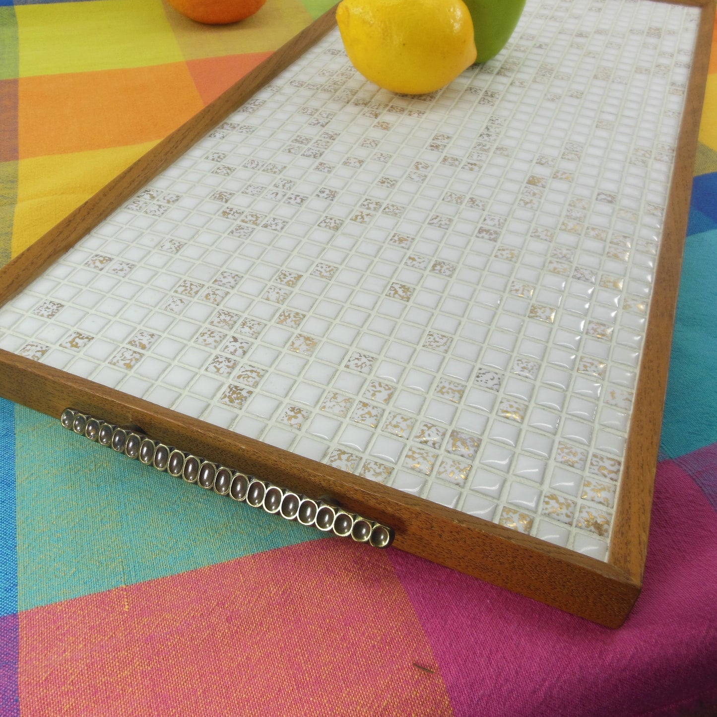 MCM Mosaic White Gold Tile Serving Tray Oak Wood Brutalist Handles
