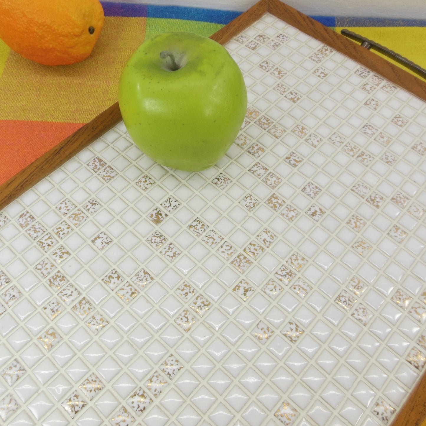 MCM Mosaic White Gold Tile Serving Tray Oak Wood Vintage