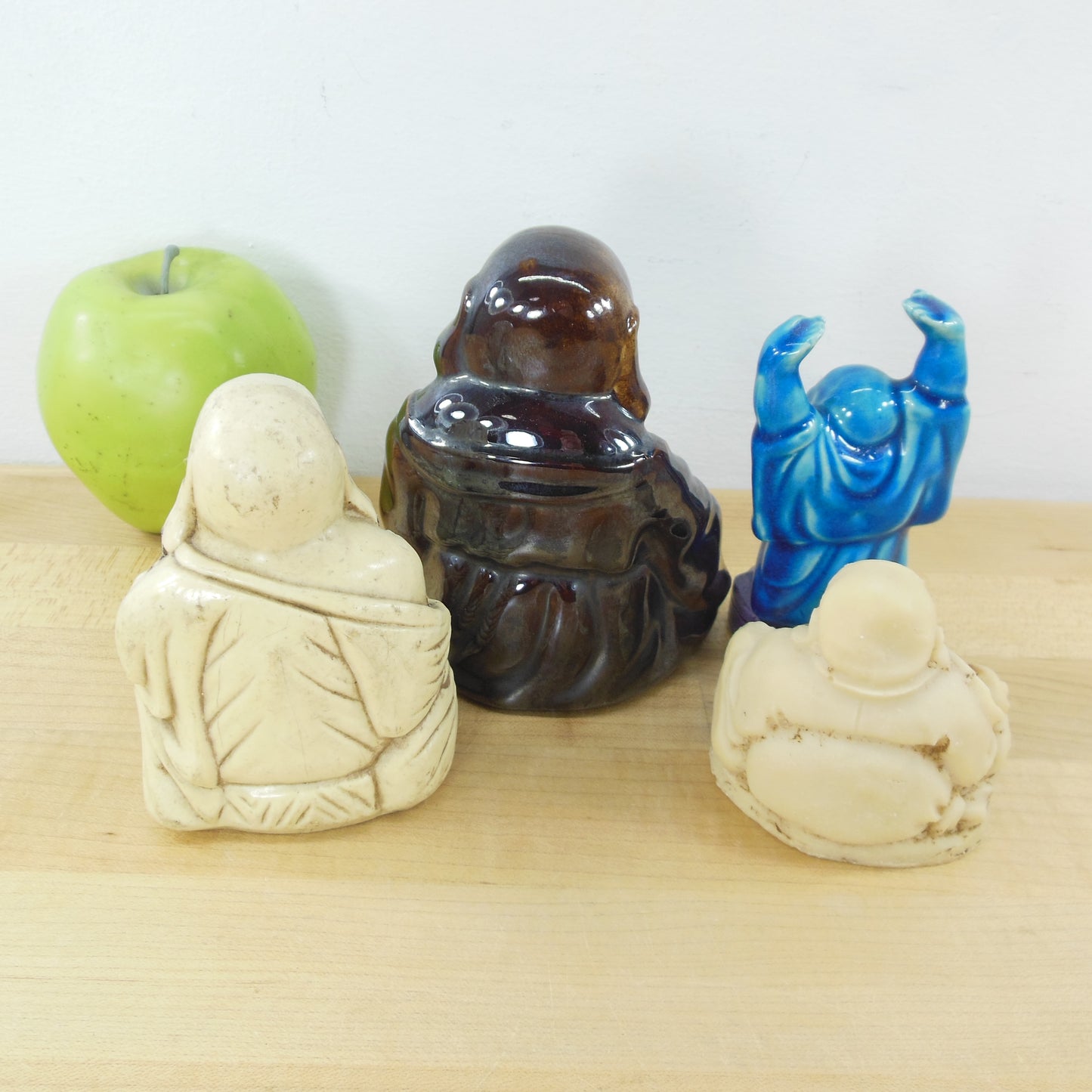 Buddha Small Statue Lot of Four - Ceramic Resin Blue White Brown Japan Mexico