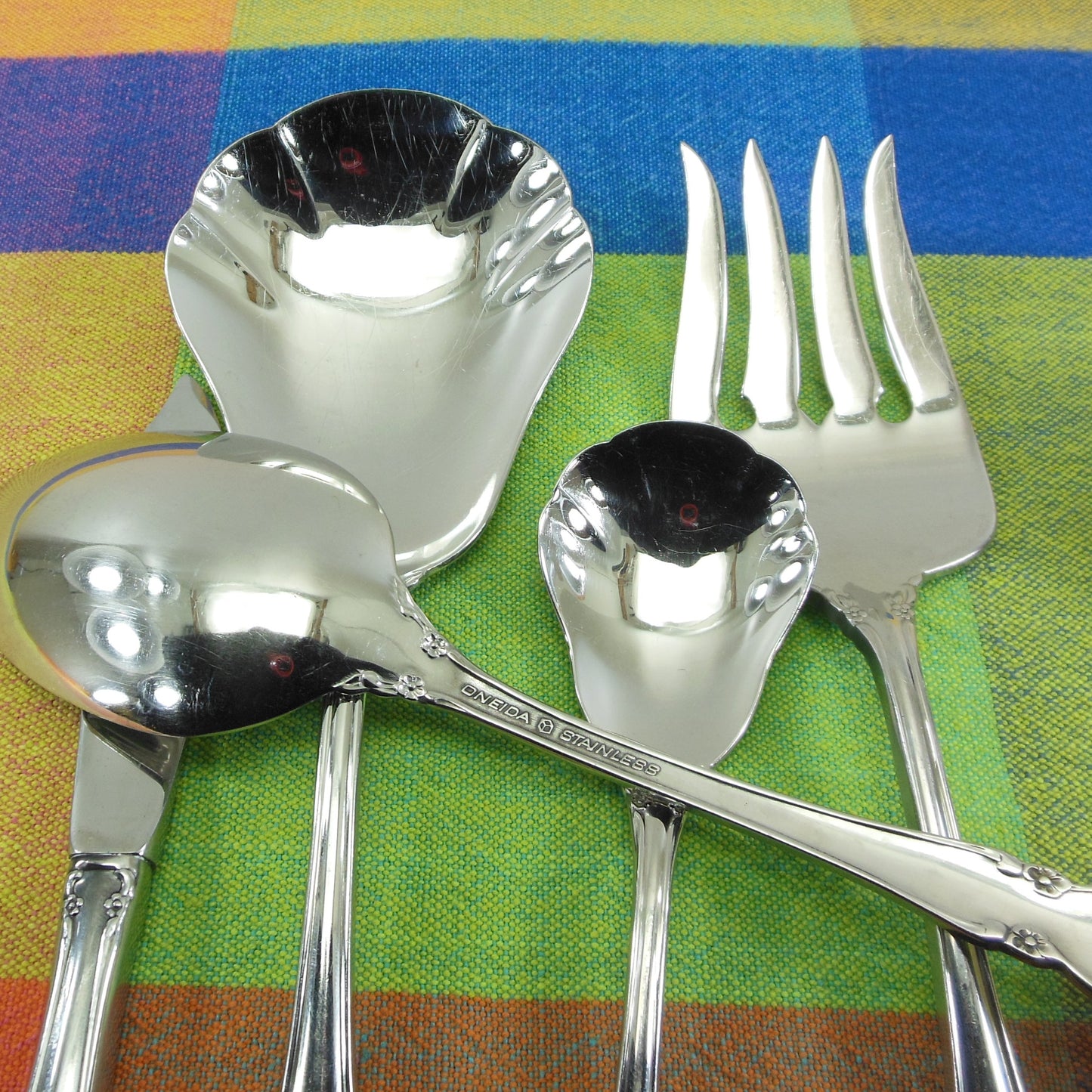 Oneida Heirloom Cube Dover Stainless Hostess Serving Set 6 Piece Spoon Fork Knife