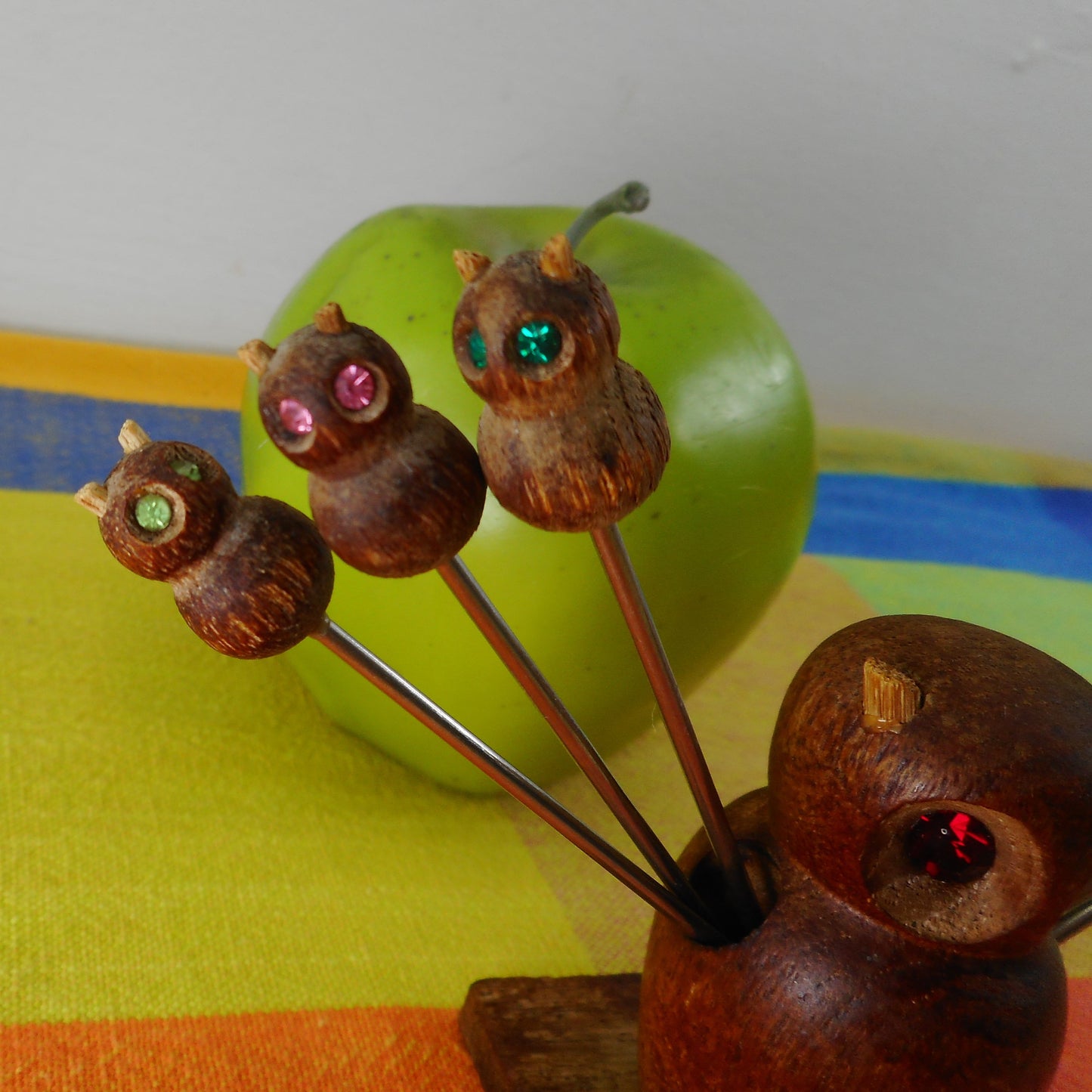 Owl Wood Rhinestone Eye Appetizer Hors d'oeuvre Fork Picks Used
