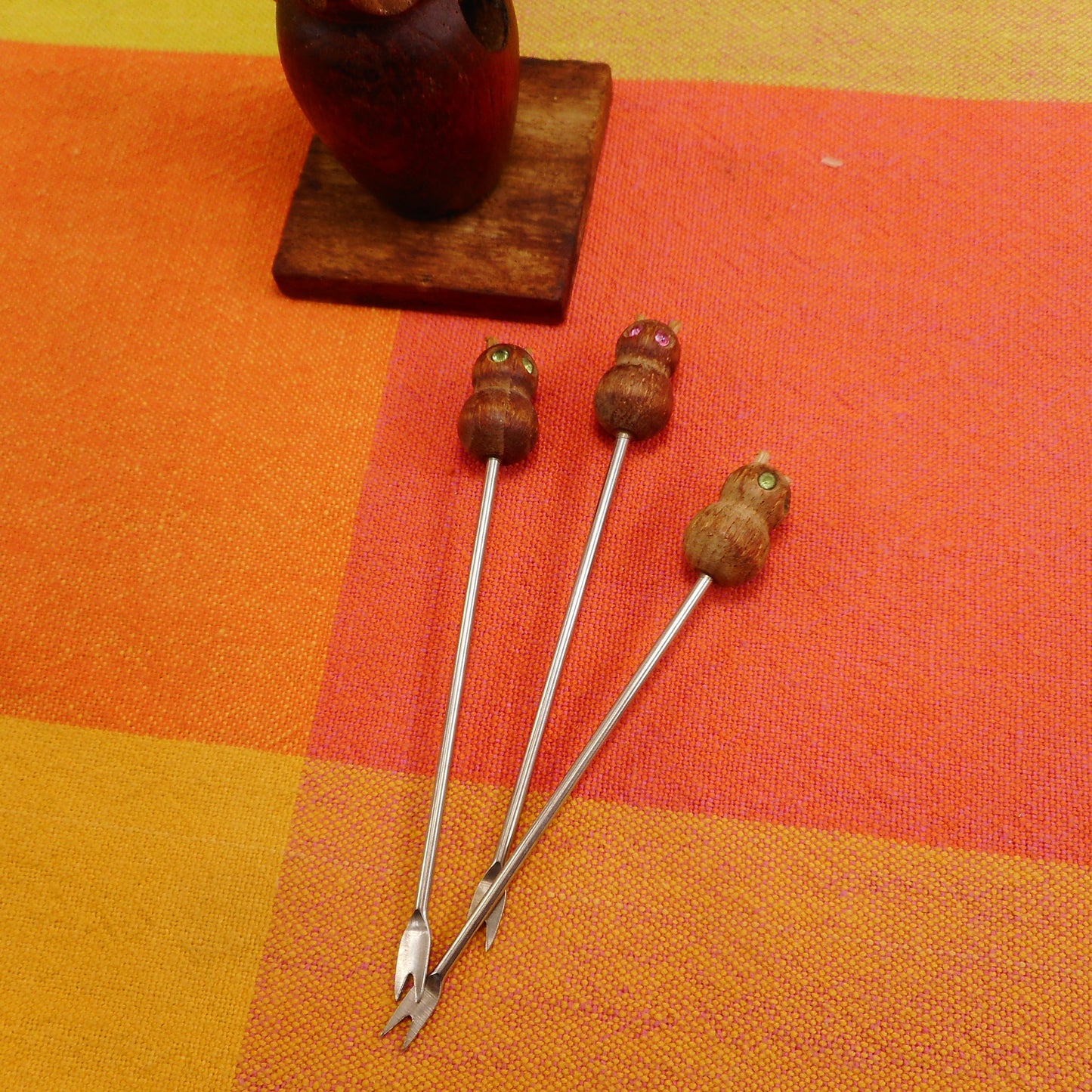 Owl Wood Rhinestone Eye Appetizer Hors d'oeuvre Fork Picks Stainless Steel