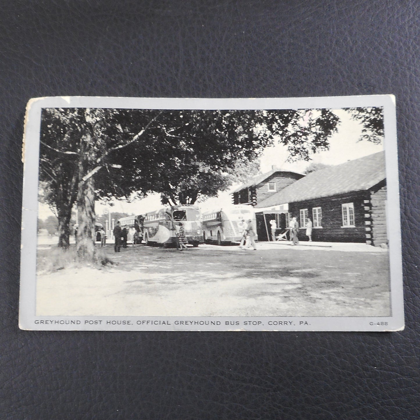 Postcard 1930's Greyhound Bus Stop Post House Corry PA