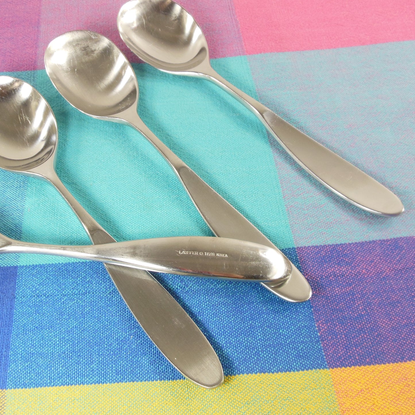 Lauffer Magnum Japan Stainless Flatware - 4 Soup Place Spoons Used Vintage