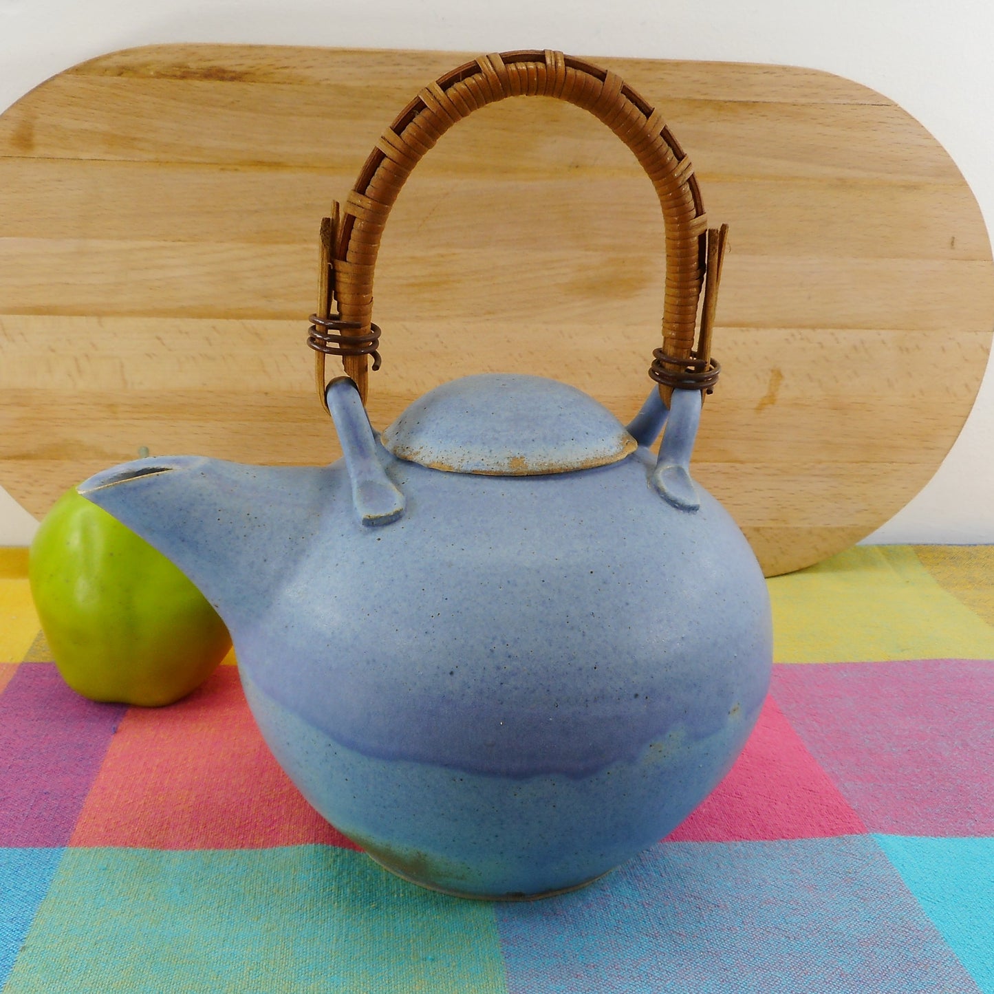 V. Peter 1985 Signed Art Pottery Blue Teapot Bamboo Handle