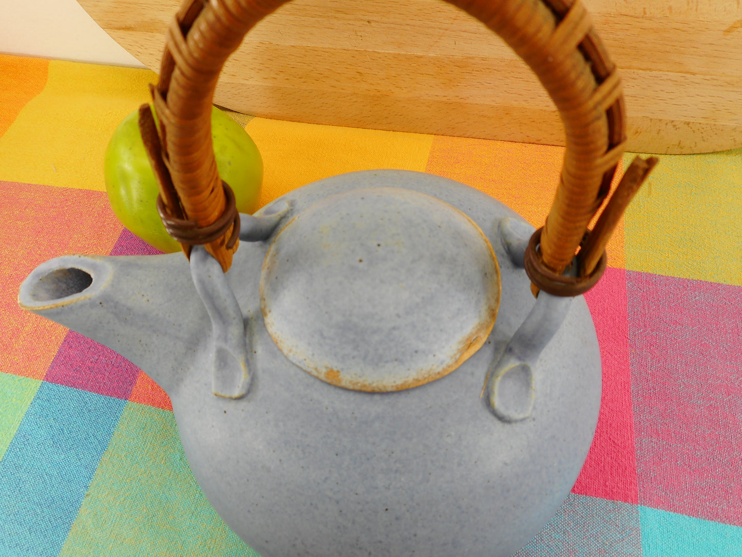 V. Peter 1985 Signed Art Pottery Blue Teapot Bamboo Handle Vintage